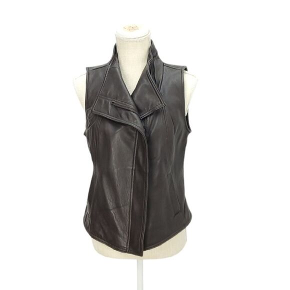 Vintage LIZ CLAIBORNE Lambskin Leather Chocolate Brown Moto  Zip Vest - Picture 1 of 11